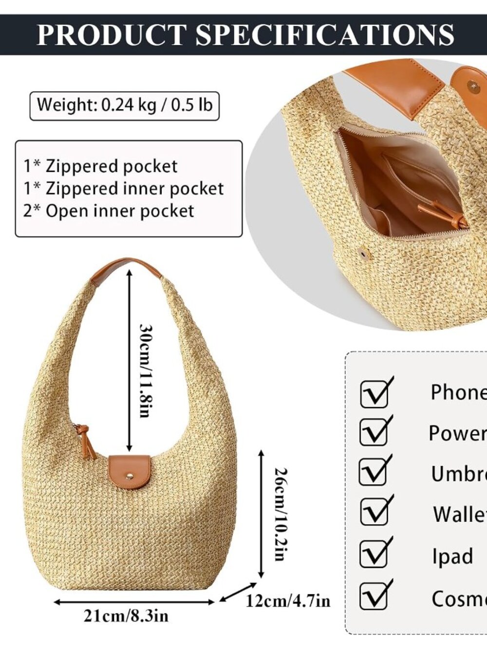 Straw Tote Bags for Women, Soft Summer Woven Slouchy Straw Purses Shoulder Hobo - Picture 3 of 5